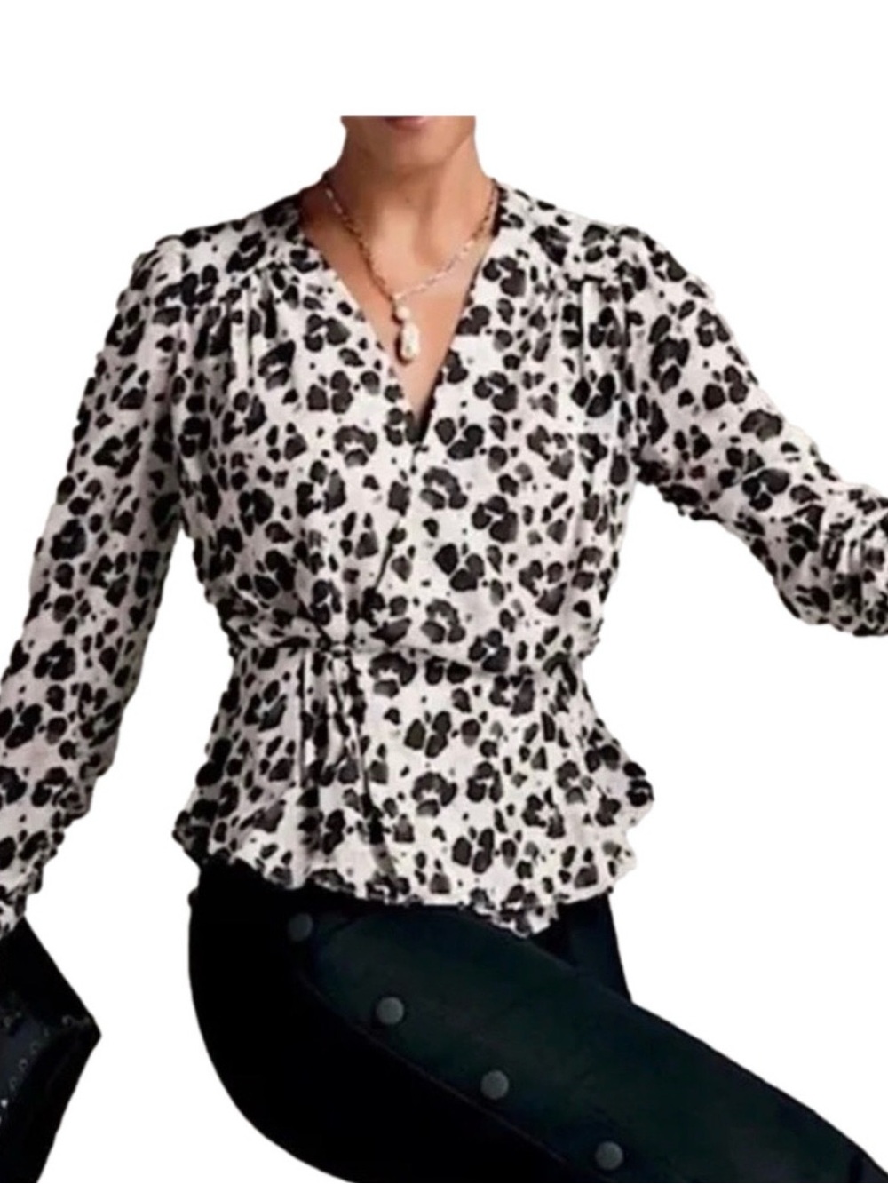 CAbi Black & White Floral Wrap Peplum Blouse